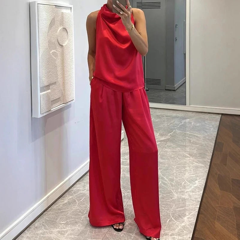 Pile Collar Sleeveless Top Wide Leg Pants 2CPS Sets, Women Summer Loose Elastic Waist Chic Outfit, Solid Patchwork Ladies Suits