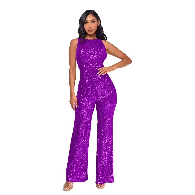 Glitter Sequin Round Neck Sleeveless High Waist Slim Fit Jumpsuit for Women