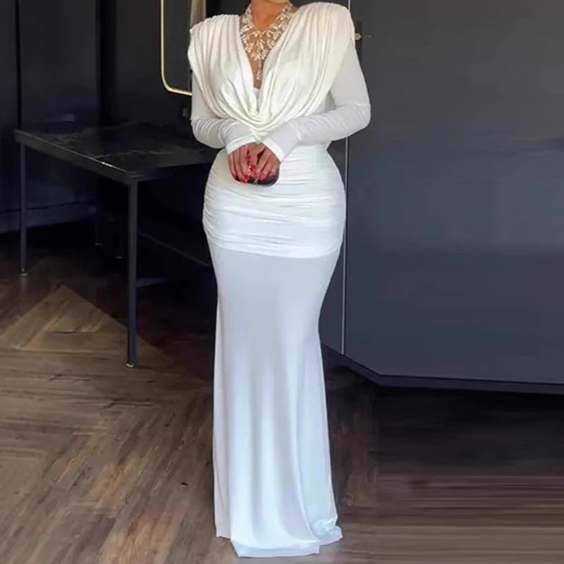 Elegant Patchwork V Neck Long Sleeve Maxi Dress for Women