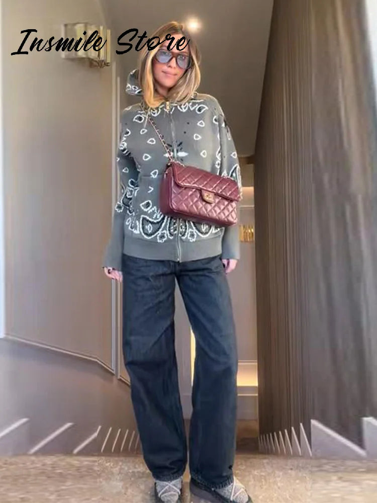 Gray Jacquard Knit Loose Cardigan Long Sleeve Casual for Women