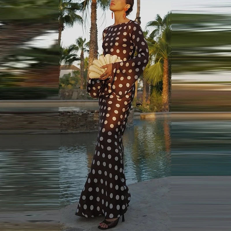 Women Fashion O-neck Flared Sleeve Evening Dress Spring Elegant Hight Waist Slim Long Dress Autumn Polka Dot Print Party Dress