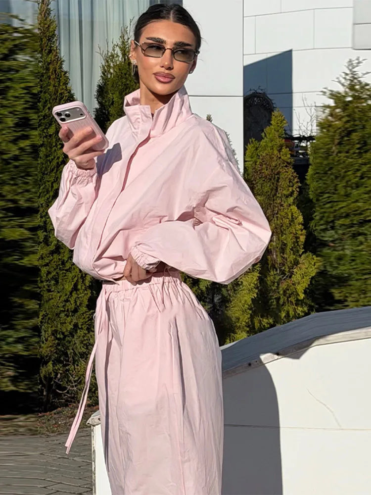 Solid Loose Suit Set with Stand Collar Crop Top and Drawstring Pants for Women