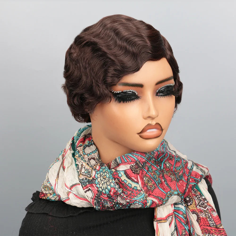 180% Density Glueless Brazilian Ocean Wave Human Hair Wig Burgundy 99J Colored Short Pixie Cut Loose Curly Finger Wave Style