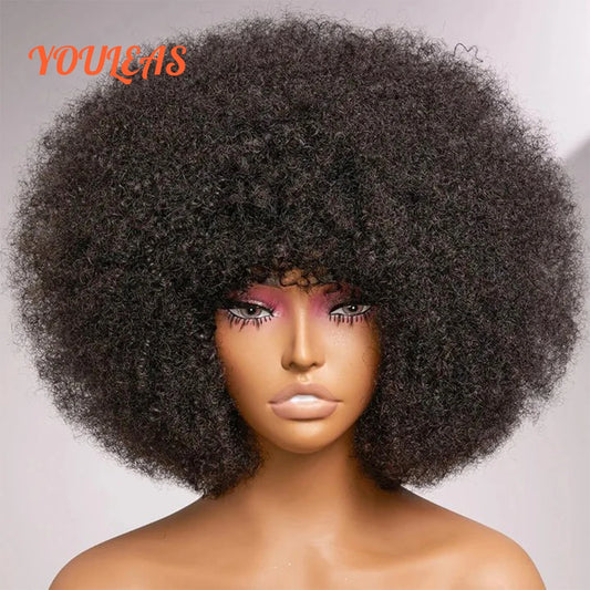 Afro Kinky Curly Wigs Human Hair Wigs With Bangs Full Machine Wigs Short Wigs For Woman Natural Color Curly Wigs Ready To Wear