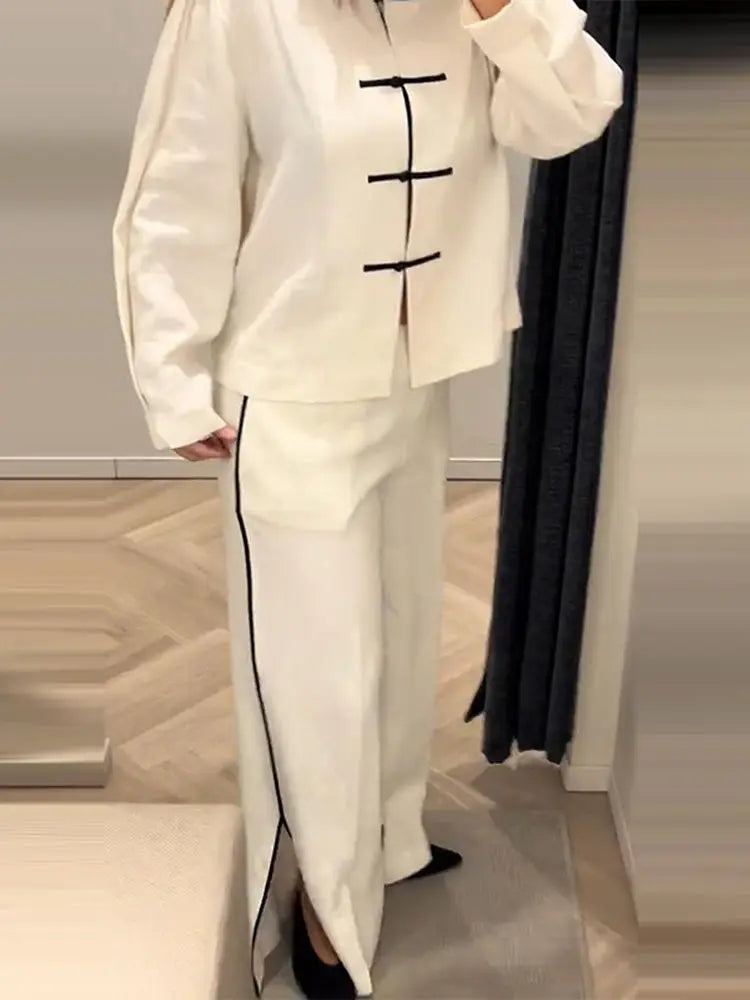 Casual Cotton Coat And Wide Leg Trouser Set for Women