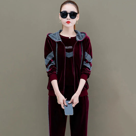 Gold Velvet Sports Suit Women New Spring Autumn Two-Piece Set Female  Fashion Loose Hooded Sweatshirt Casual Three-Piece Sets