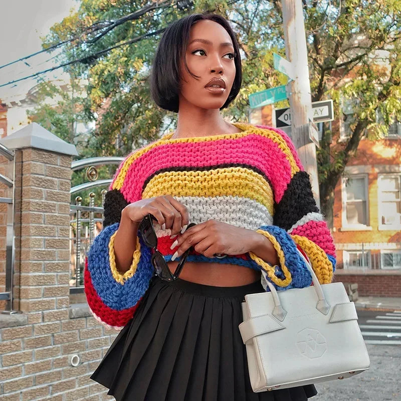 Rainbow Check Cropped Long Sleeve Knit Sweater for Women