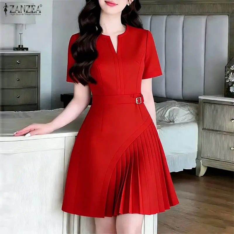Pleated V Neck Knee Length Dress