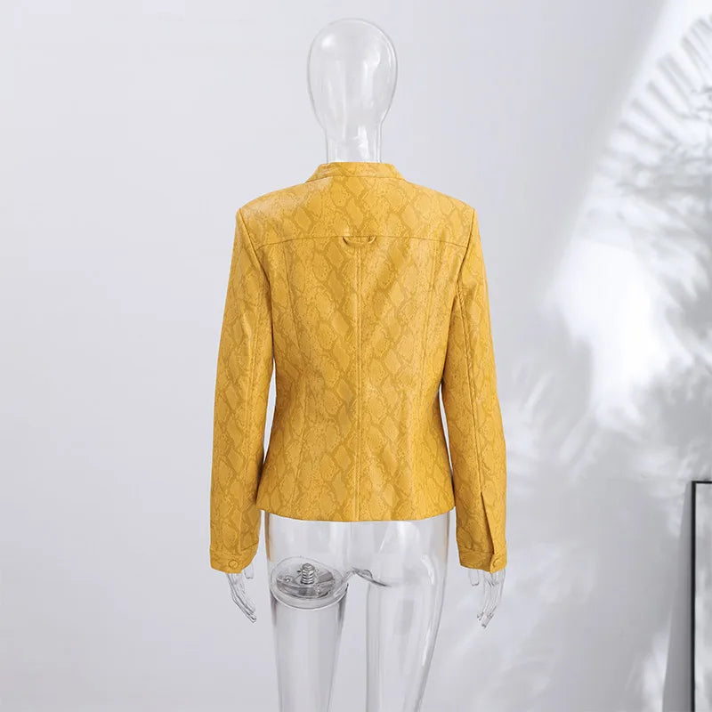 Retro Snake Print Faux Leather Cropped Jacket for Women