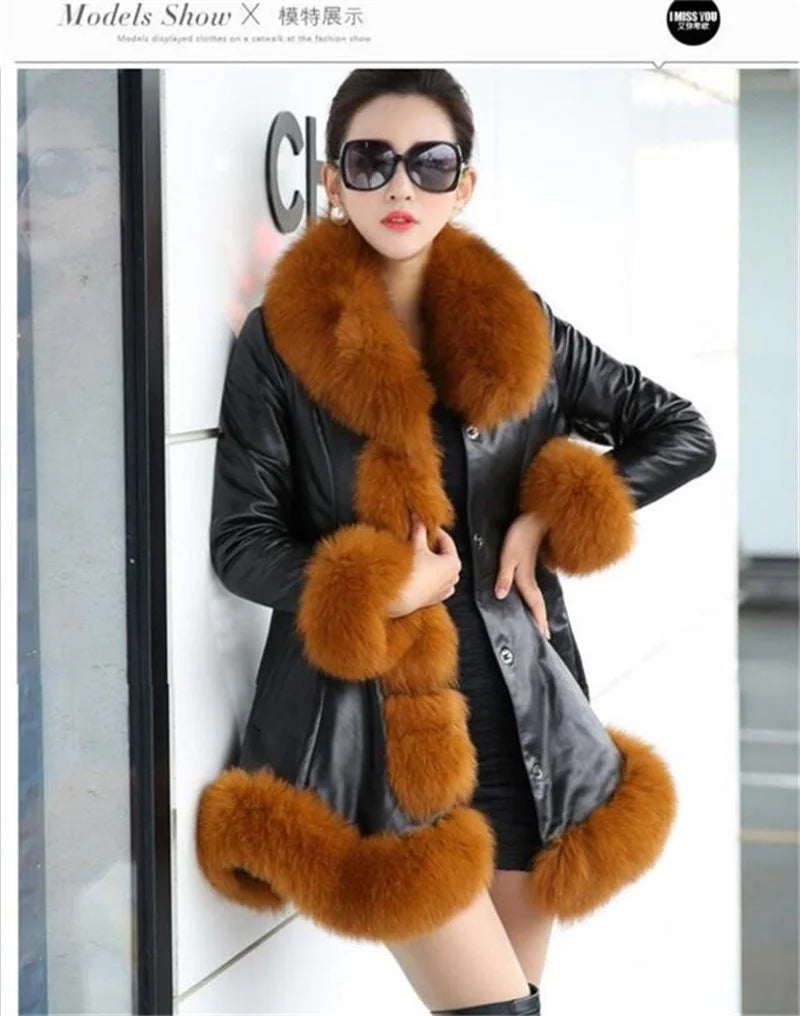 Size 6XL Women's Clothing Autumn Winter Imitation Fox Fur Big Fur Collar Thick Warm Female's Leather Jacket Slim Fur Coat
