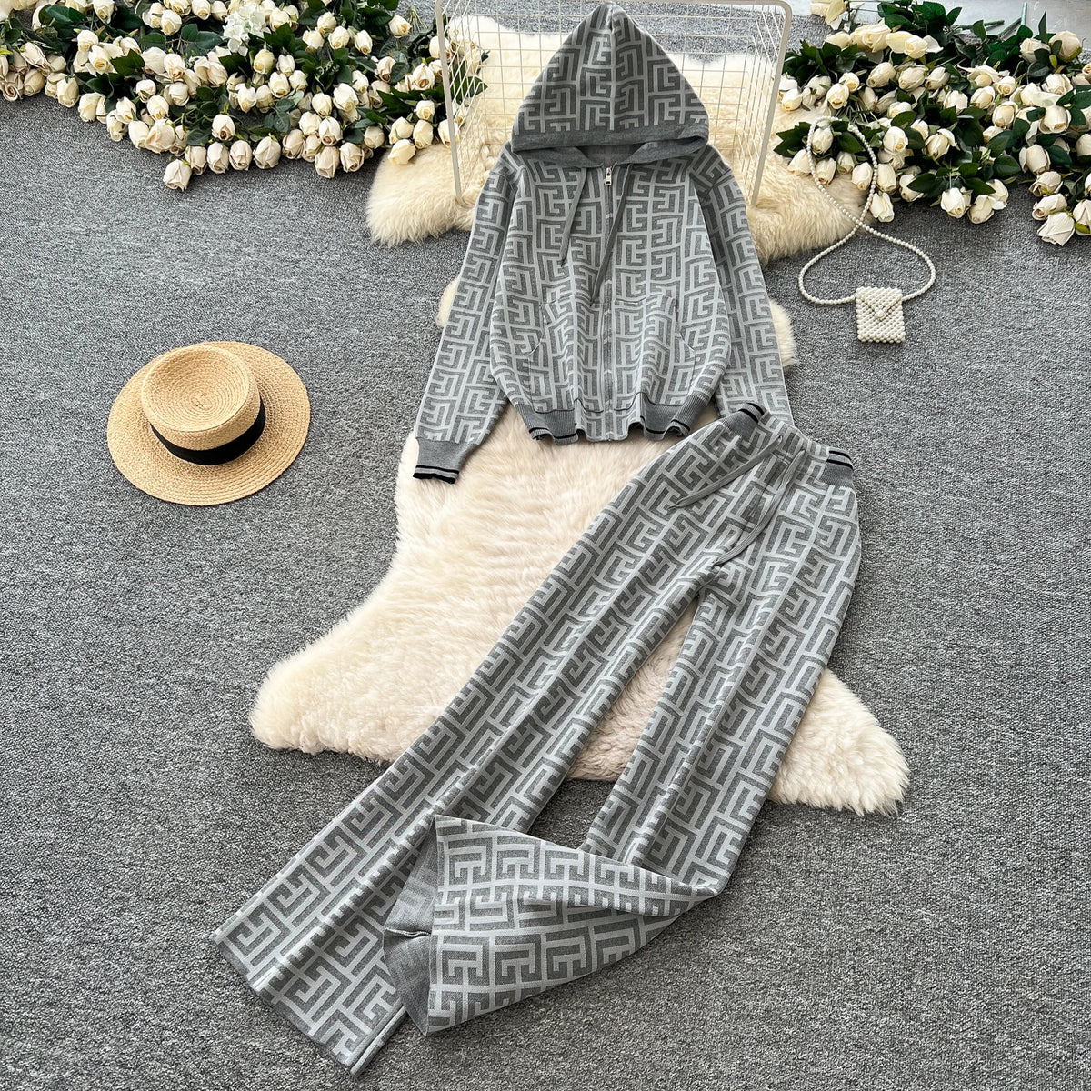 Geometric Print Hooded Knit Two Piece Set for Women