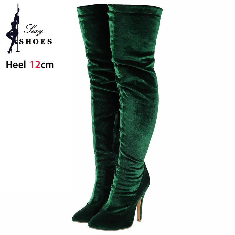 Velvet Pointed Toe Over The Knee Stiletto Boots for Women