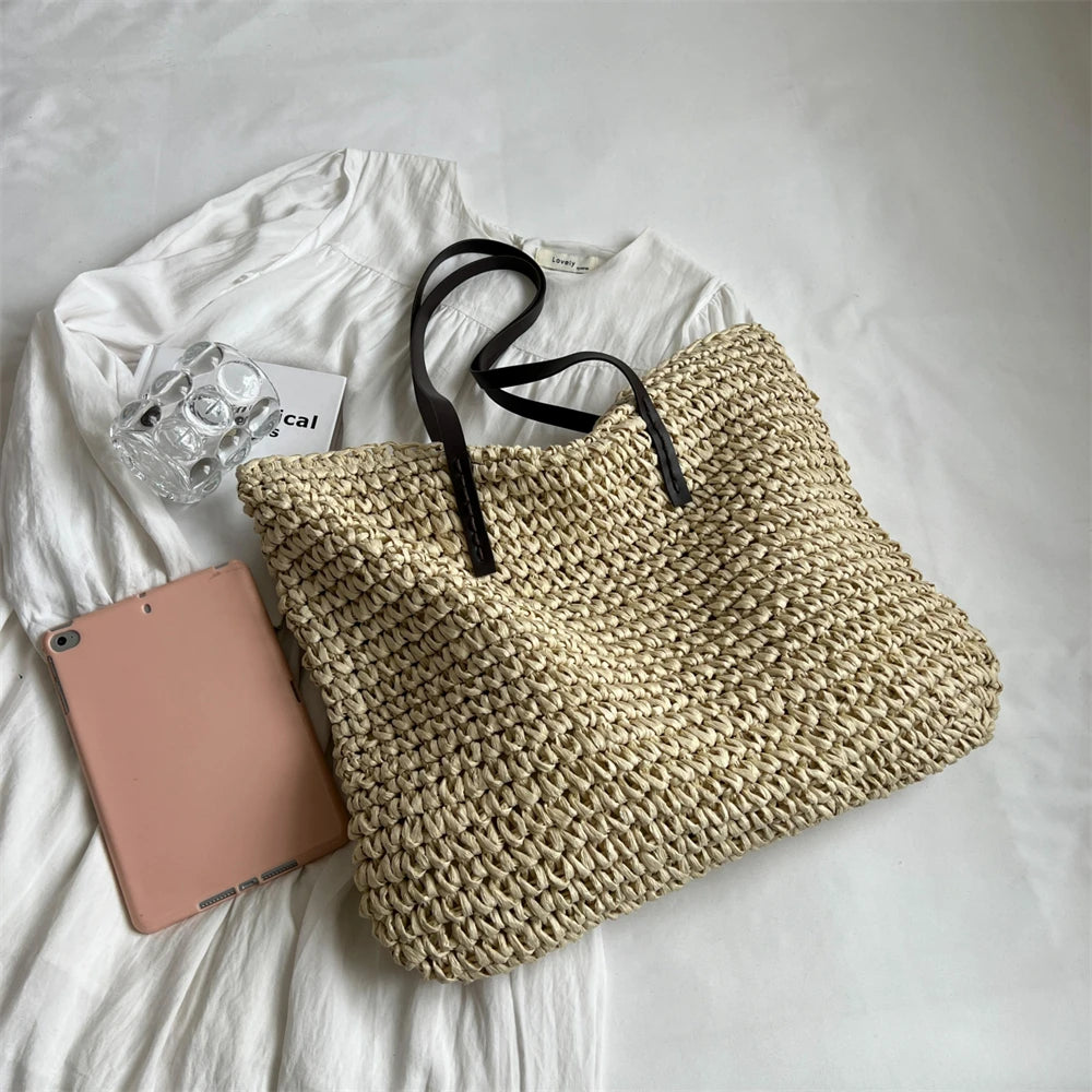 Large Capacity Straw Woven Shoulder Tote Bag for Women