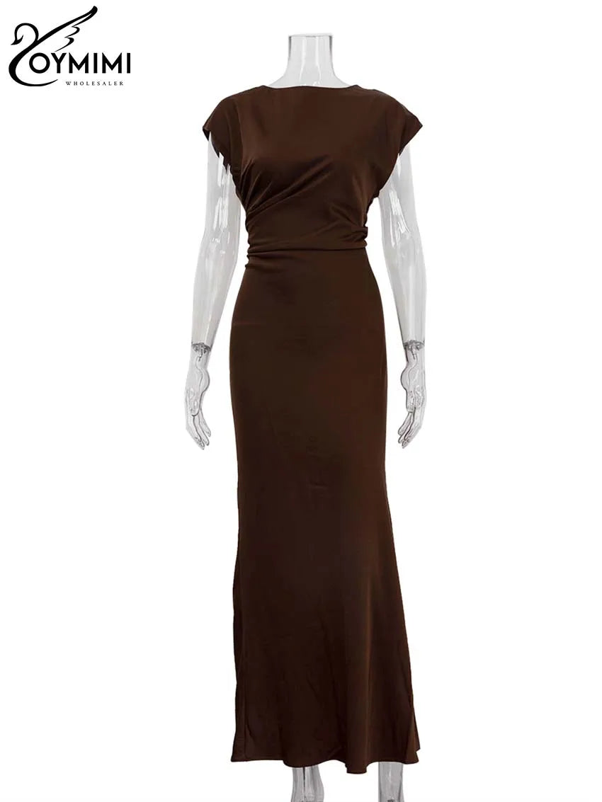 Oymimi Elegant Brown O-Neck Womens Dresses Fashion Short Sleeve Slim Solid Dresses Casual Slim Floor-Length Dress Streetwear