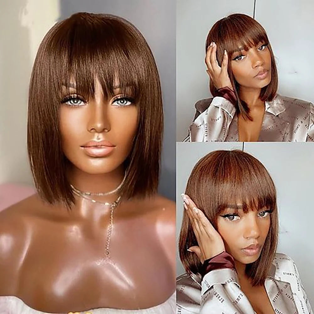 Straight Human Hair Bob Wigs with Bangs Remy Full Machine Made for Women Hightlight Burgundy Brown Colored BOB Wig