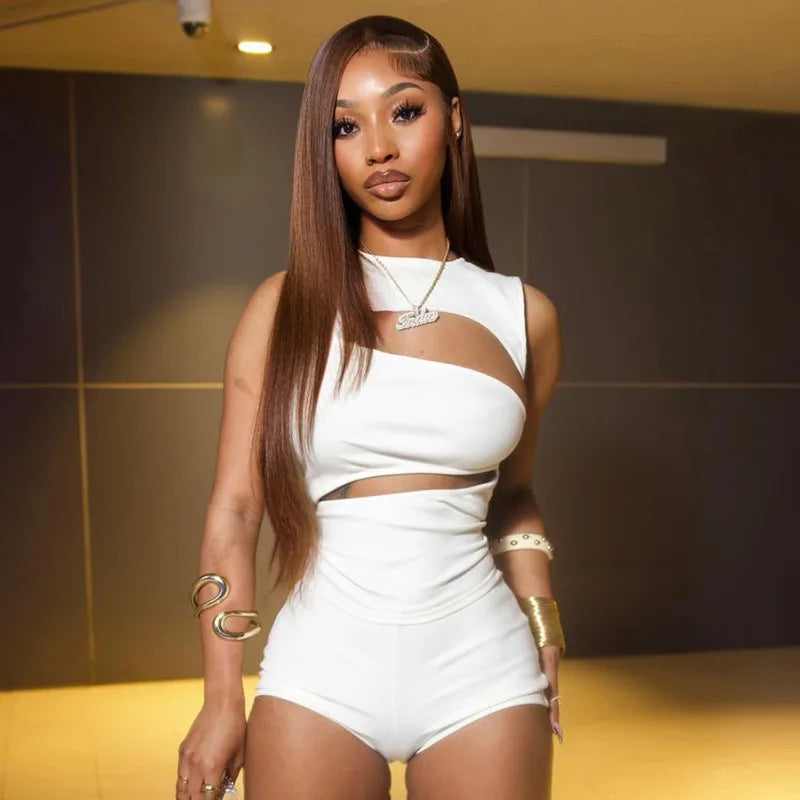 Hollow-Out Patchwork Crop Top and Shorts Set for Women