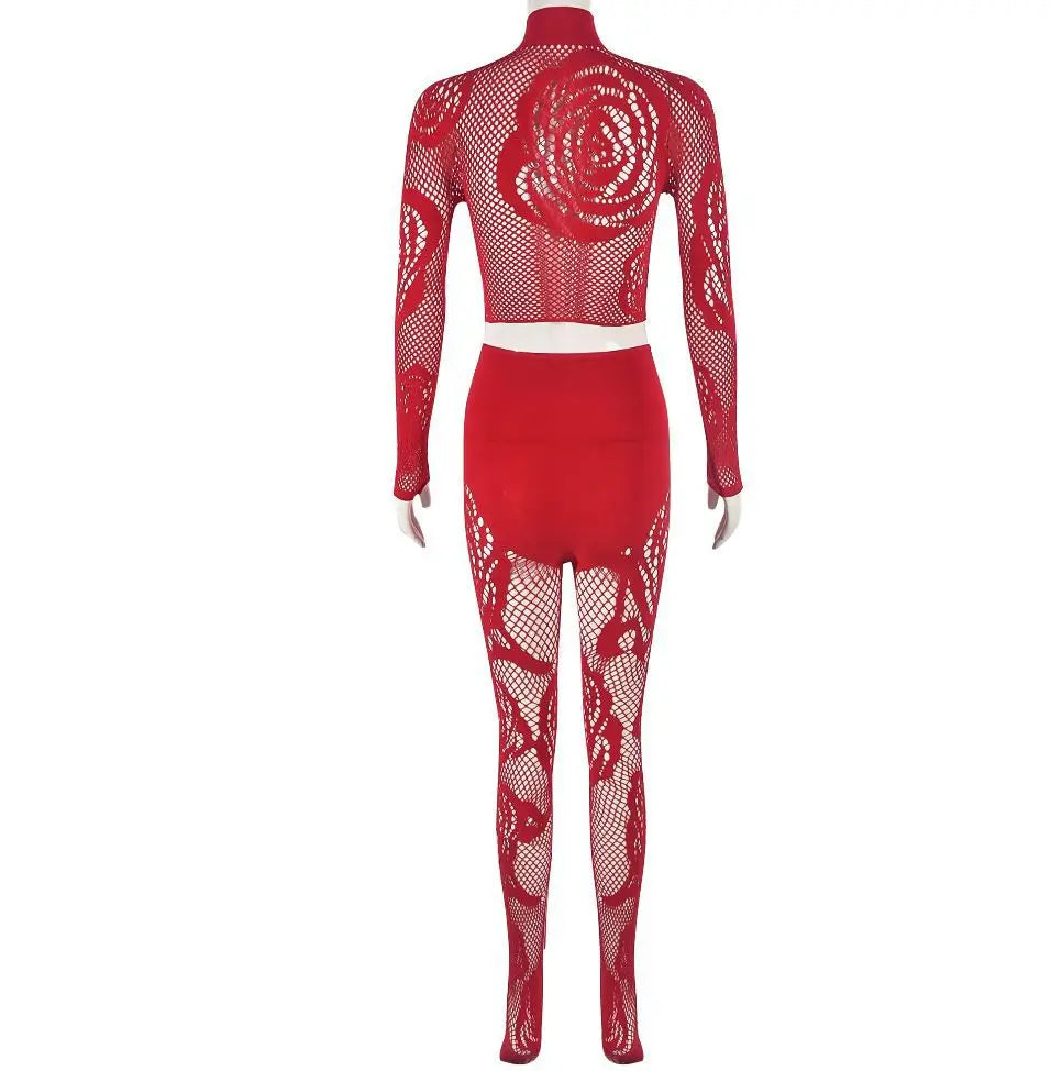 FAGADOER Sexy Lace 2 Piece Set Women Outfit Mesh See Though Long Sleeve Crop Top + Pants Suit Fashion Female Streetwear Overalls