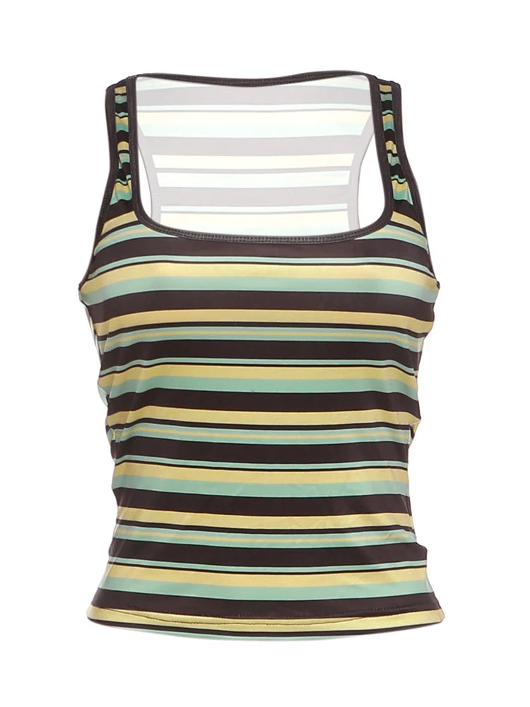 Striped Patchwork Stretch Backless Tank Top for Women