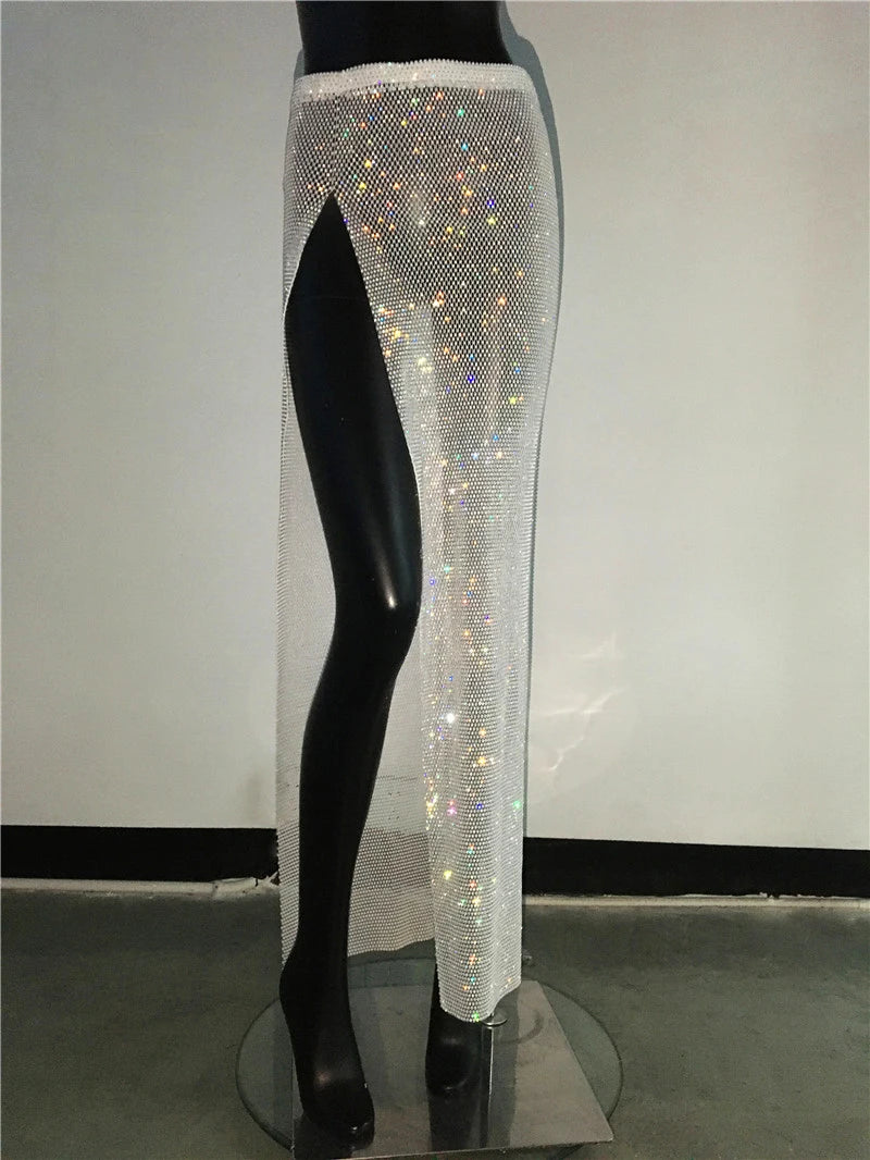 Glitter Rhinestone Long Fishnet Split Skirt for Women