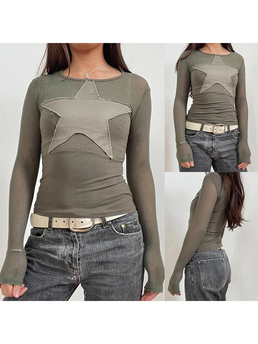 Women'S Basic T-Shirt Star Shaped Sticker Top Slim Fit Round Neck Long Sleeved T-Shirt Autumn Retro Casual Street Wear top