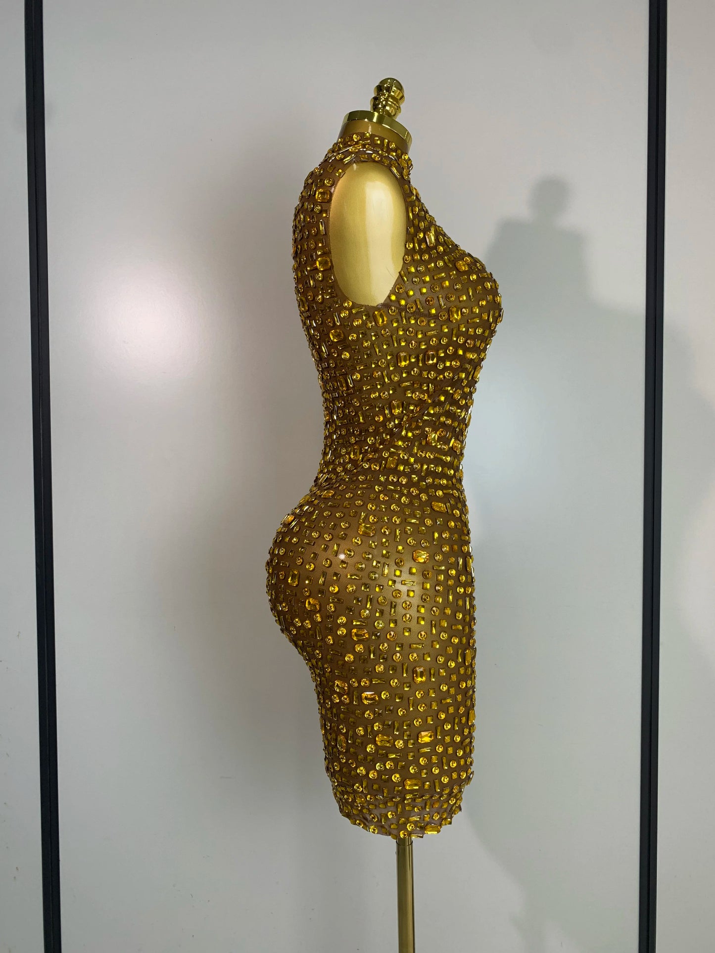 Women Luxury Gold Rhinestone Sexy Mesh Short Dress Sparkly Stage Costume Elegant Party Birthday  Dresses Nightclub Singer Outf