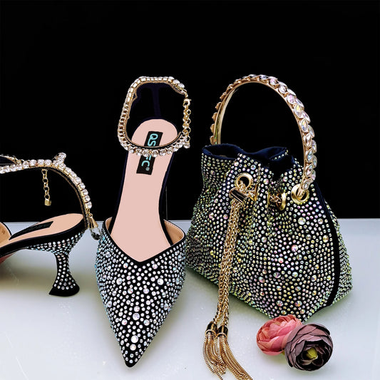 QSGFC Nigerian Popular Pointed Shoes And Bag Handle Soft Small Bag Anklet Design Mid-Heel Women's Shoes