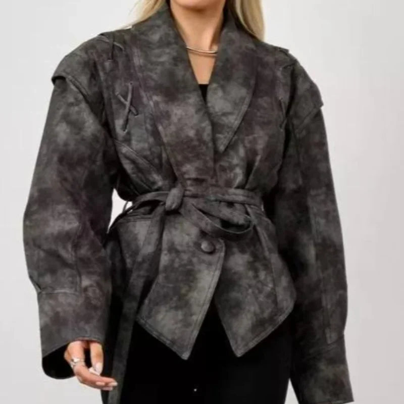 Women Leather Bomber Jackets Coats With Belt Notched Shoulder Pads Motorcycle Street Chic Short Outwear Fashion Solid Lace Up