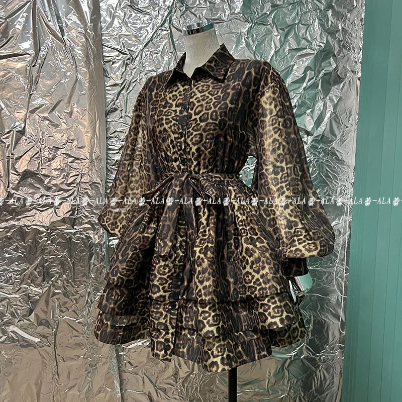 Spring Popular Retro Classic Leopard Pattern Single-Breasted Lantern Sleeve Shirt Layered Dress Puffy Cinched Short Dress Female