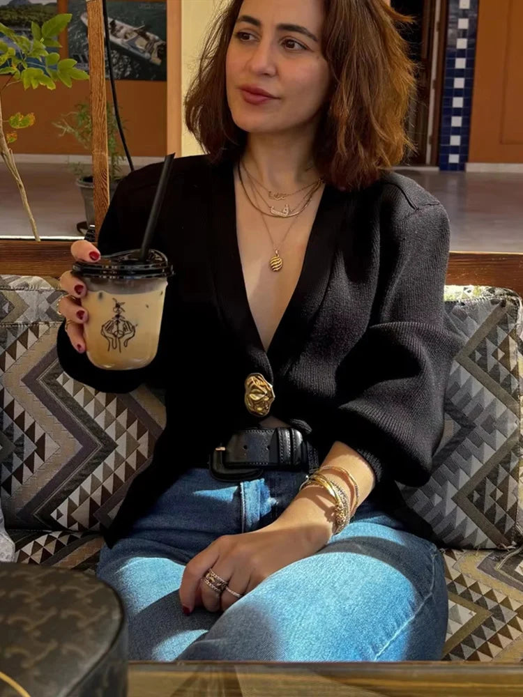 Casual V-Neck Knit Cardigan With Metal Button Detail for Women