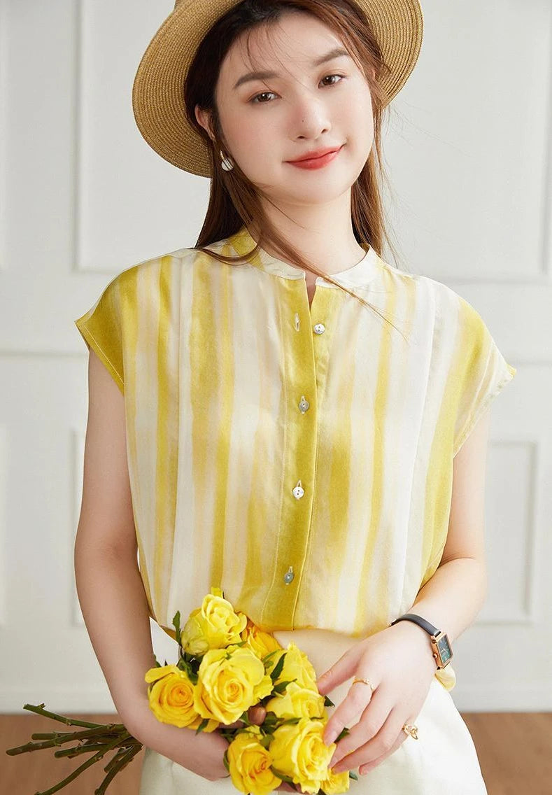 Women's Shirt and Blouse Chiffon Yellow Sleeveless Striped Female Tops Loose Summer Button Up Y2k Fashion Sale of Pretty Xl M