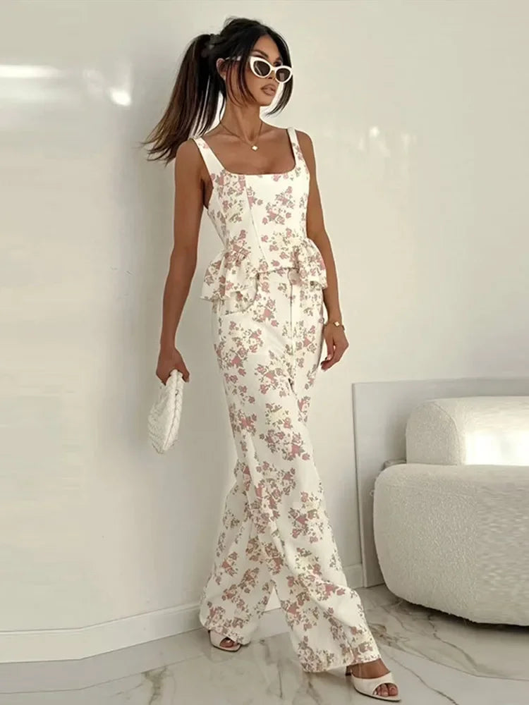 Urban Printed Vest and Wide Leg Pants Two Piece Set for Women