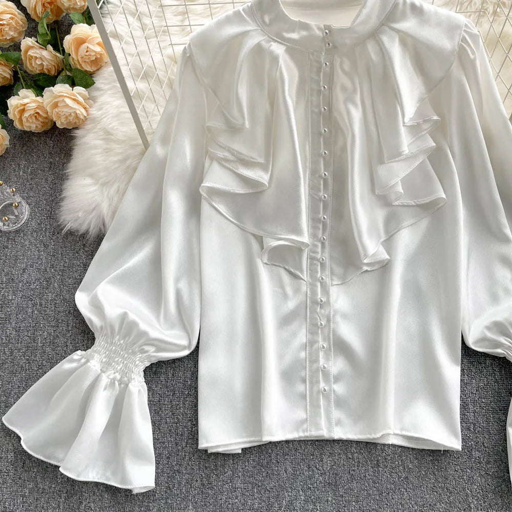 Elegant Satin Ruffle Long Sleeve Blouse for Women