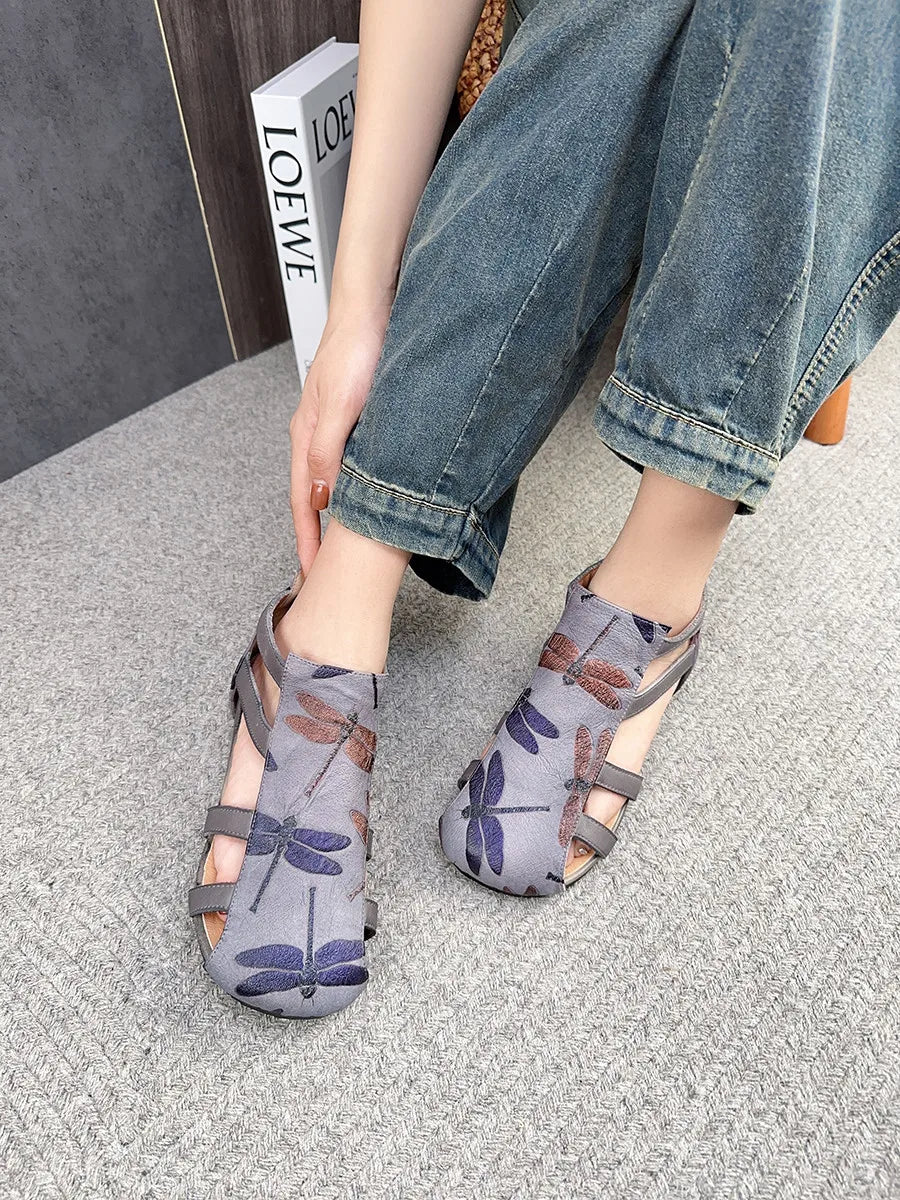Flat Printed Genuine Leather Roman Sandals for Women