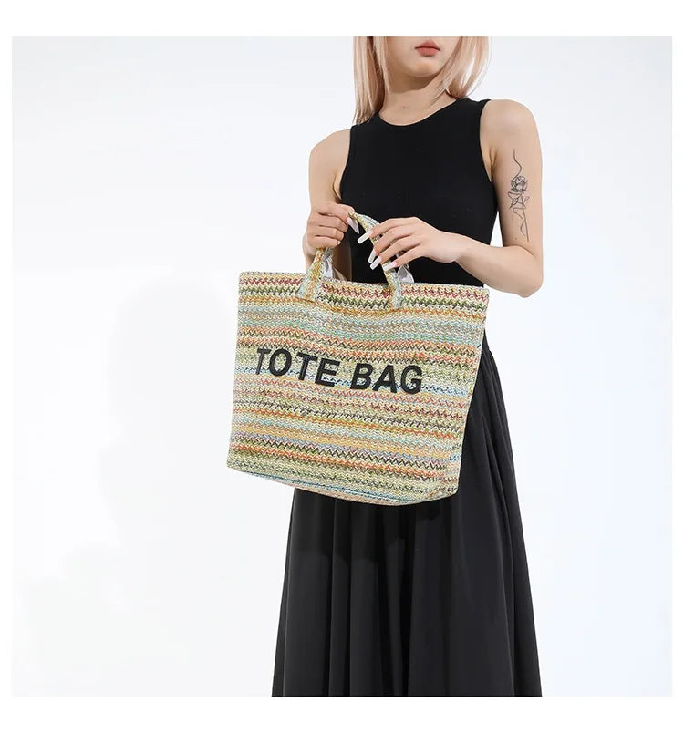 New straw woven bag, large capacity tote bag, crossbody striped letter contrasting beach bag