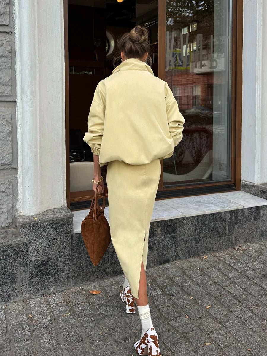 Elegant Button Front Two Piece Skirt Set For Women
