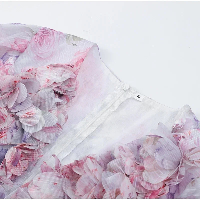 Trendy Floral Print Flare Sleeve V Neck Mini Dress Elegant High Waist Pleated Woman Vestidos 2025 New Autumn Evening Party Gown