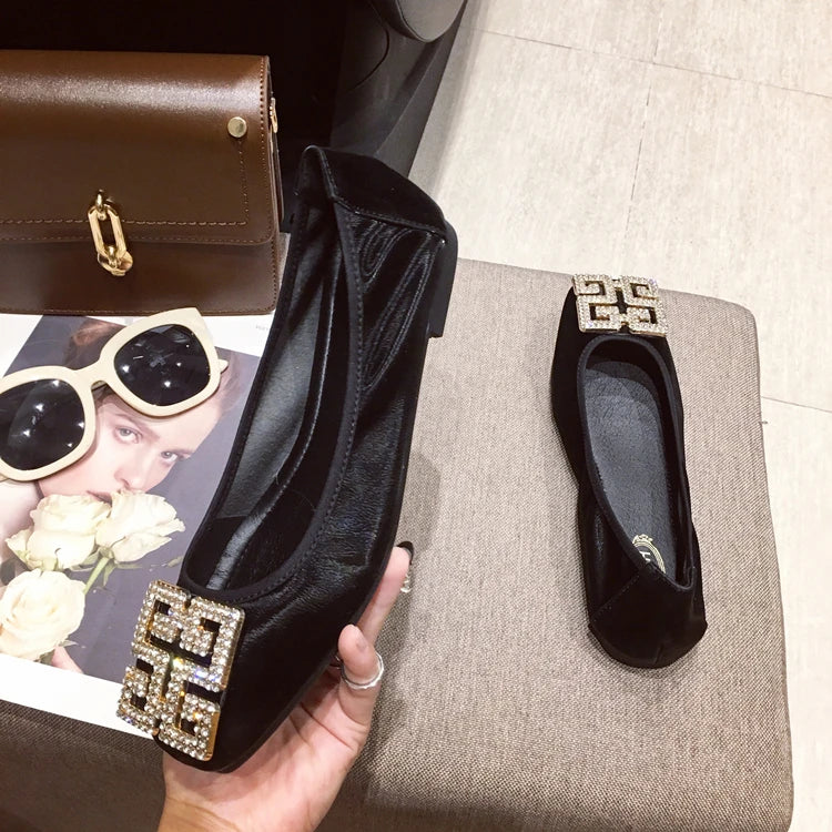 Rhinestone Buckle Square Toe Slip On Flats for Women
