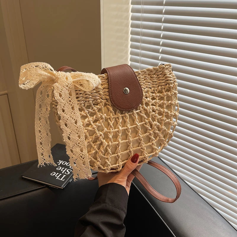 Straw Knitted Shoulder Bag With Bowknot Handmade for Women