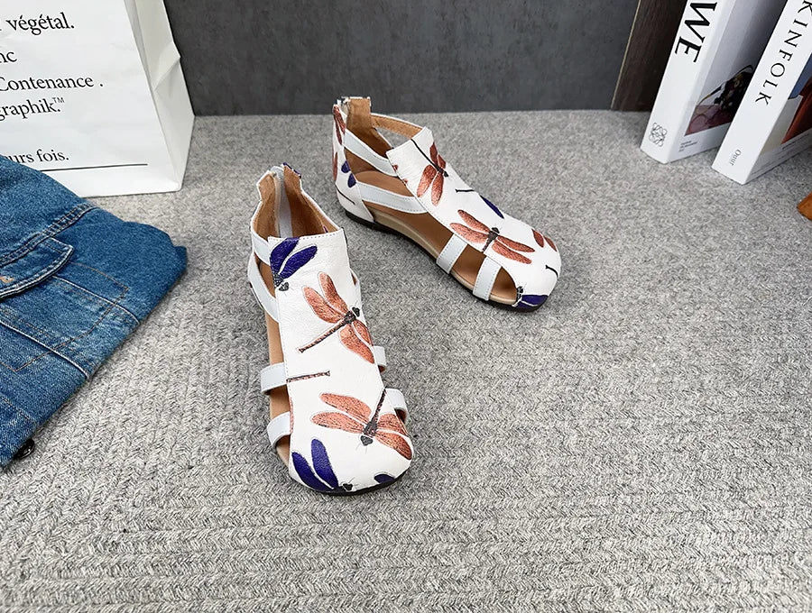 Flat Printed Genuine Leather Roman Sandals for Women