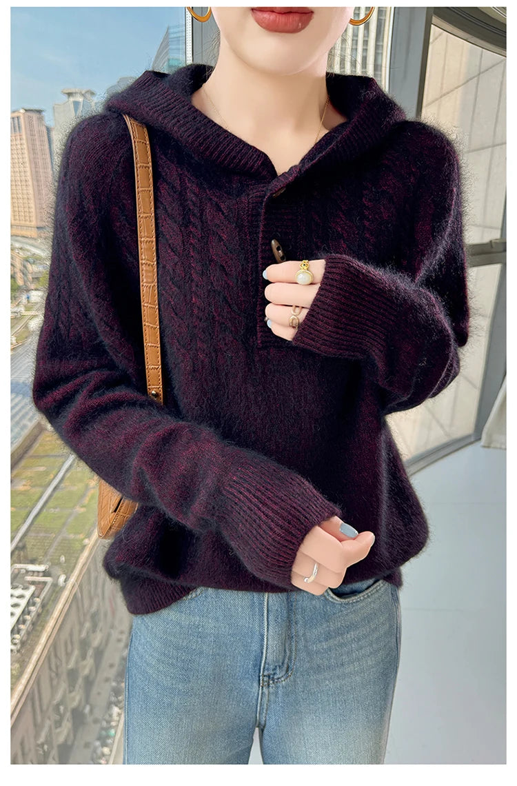 Chunky Knit Loose Hooded Pullover Sweater for Women