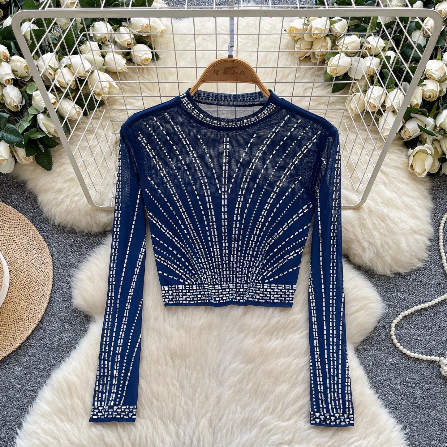 Leopard Print Rhinestone Mesh Long Sleeve Crop Top for Women