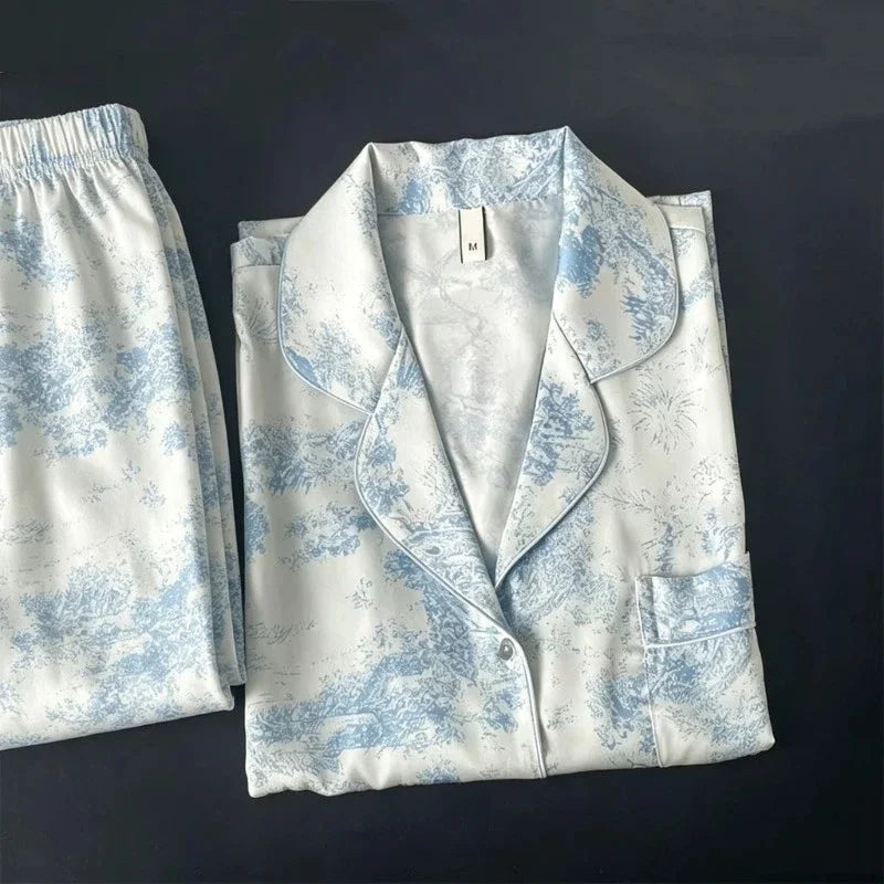 Women's Home Clothes Lapel Button Cardigan 2 Piece Outfit Set Women Printing Pajamas for Women Autumn Winter New Ice Silk