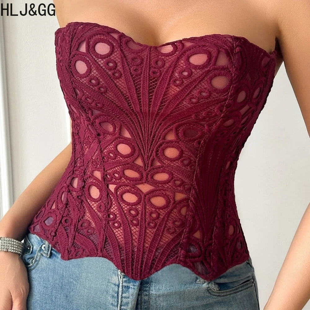 Wine Red Hollow Irregular Corset Two Piece Set for Women