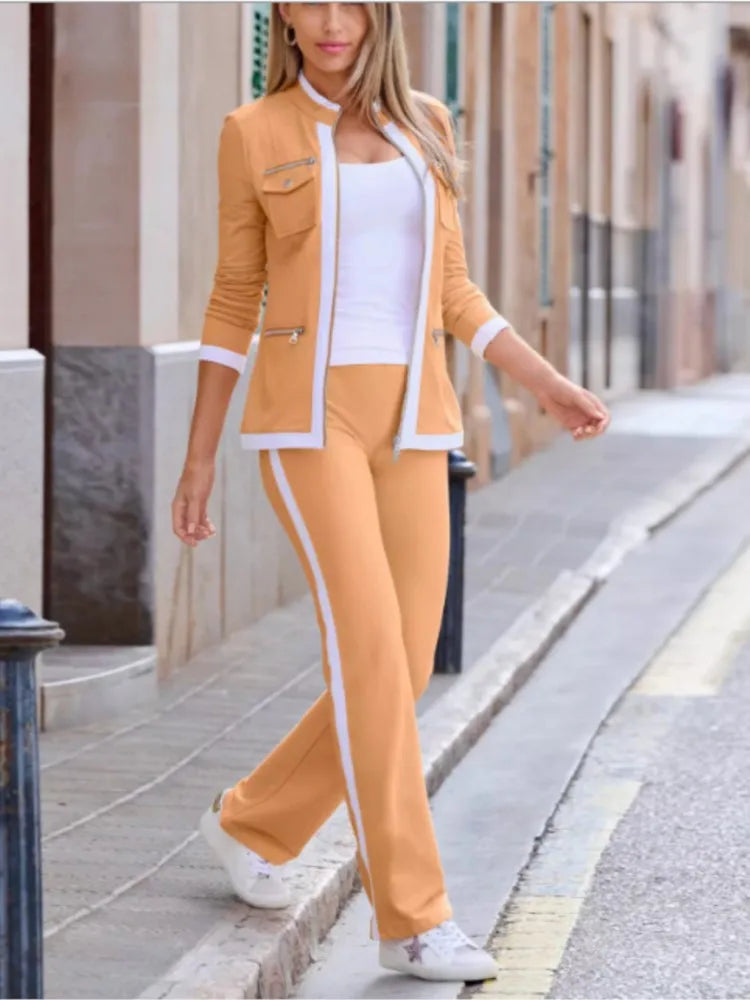 Casual Slim Fit Zipper Top And Sport Pants Set for Women