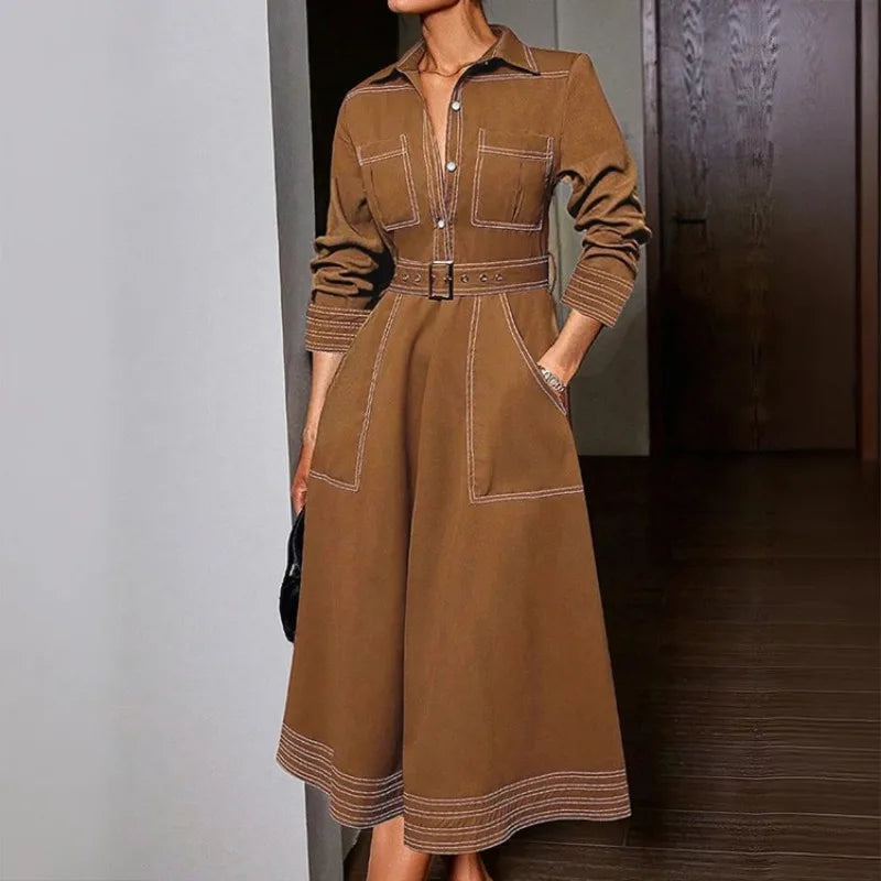 Women Lapel Collar Long Sleeves Contrast Stitch Pocket Belted Midi Dresses Elegant Vintage Casual Office Workwear Shirt Dress