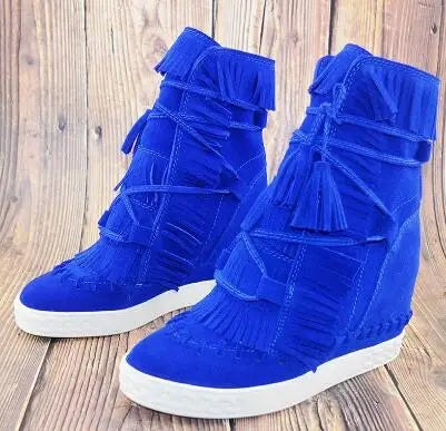 Girls Beige Black Gray Pink Suede Genuine Leather Round Toe Tassel Fringed 8 CM Height Increasing Wedges Sneakers Ankle Boots
