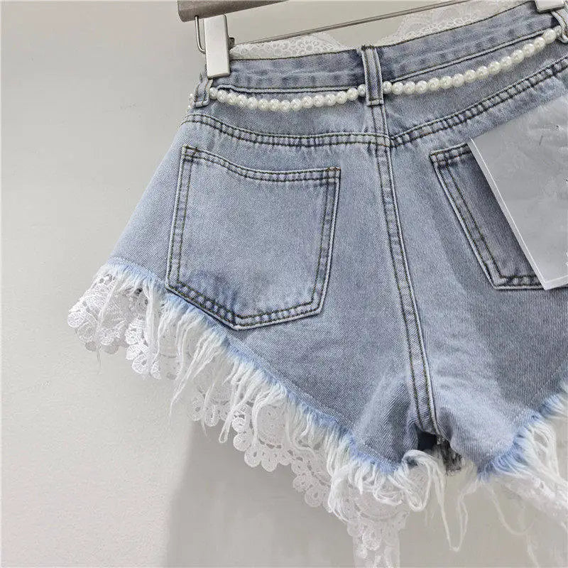 Casual High Waisted Crochet Lace Denim Shorts For Women