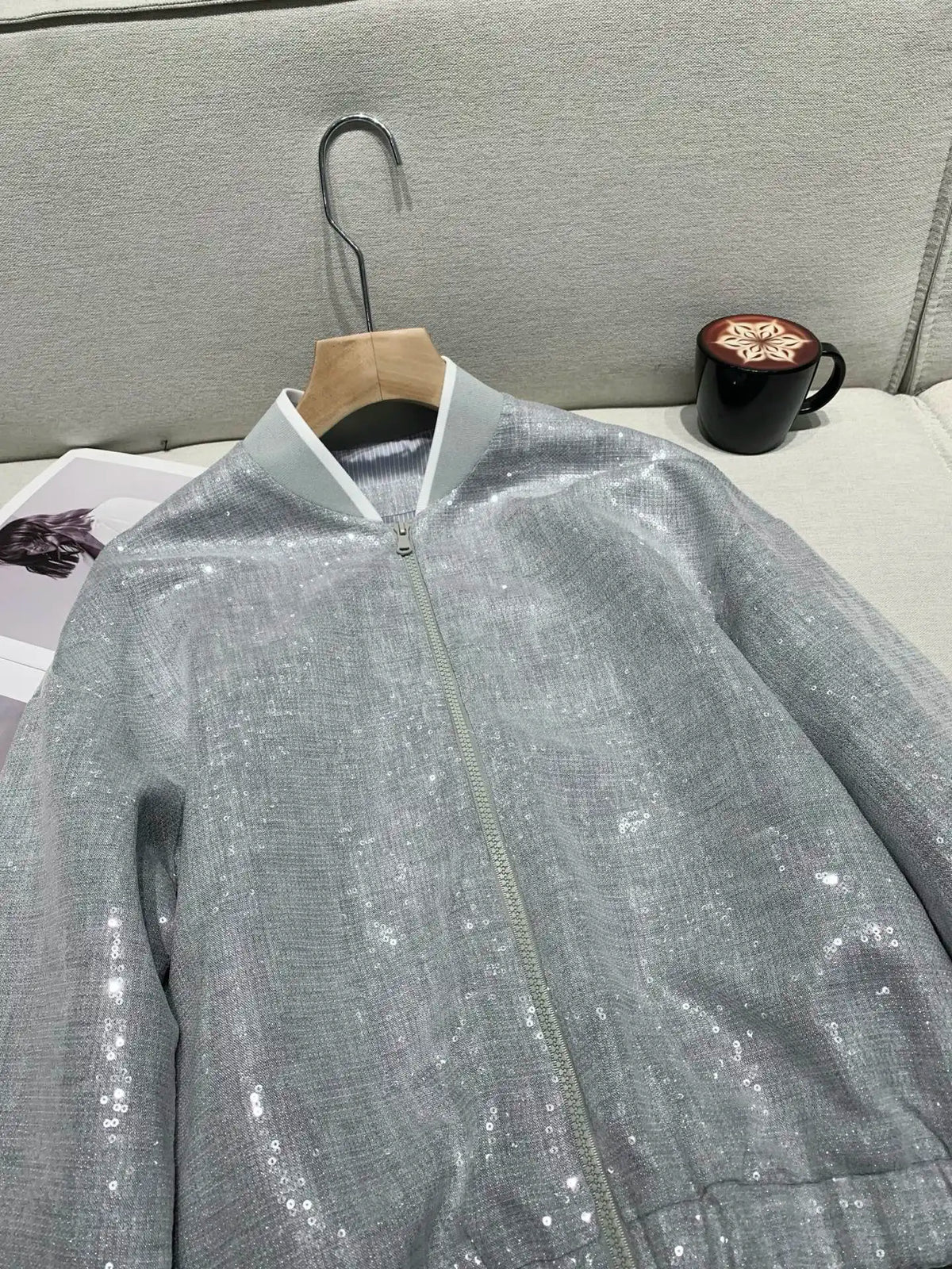 Elegant Heavy Sequin Zip Front Jacket Outerwear for Women