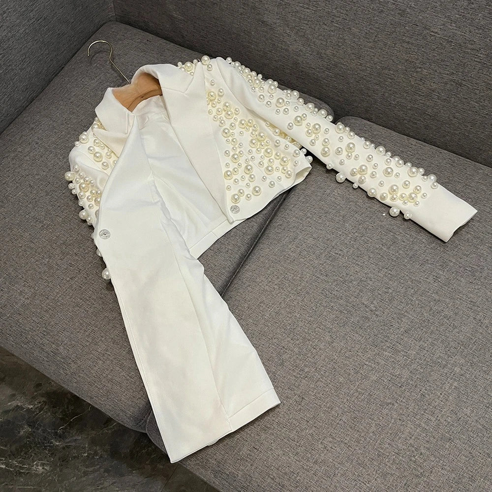 TWOTWINSTYLE Sexy Two Piece Sets For Women V Neck Long Sleeve Spliced Pearl Top High Waist Shorts Chic Set Female New KSE549891