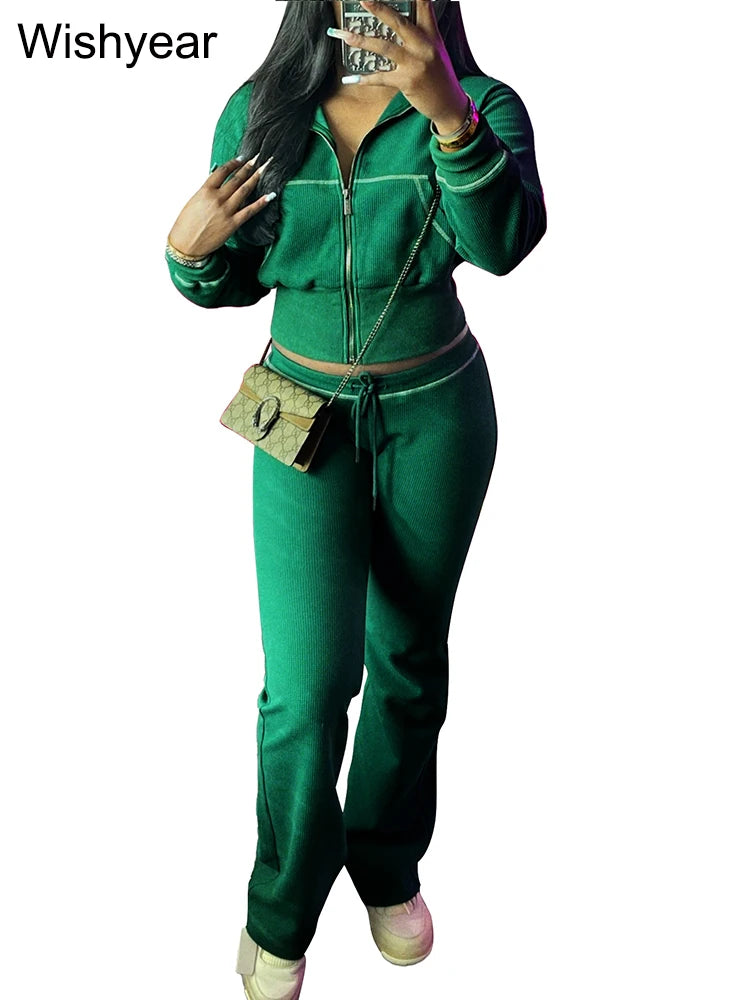 Waffle Knit Two Piece Flared Pants Tracksuit Set for Women